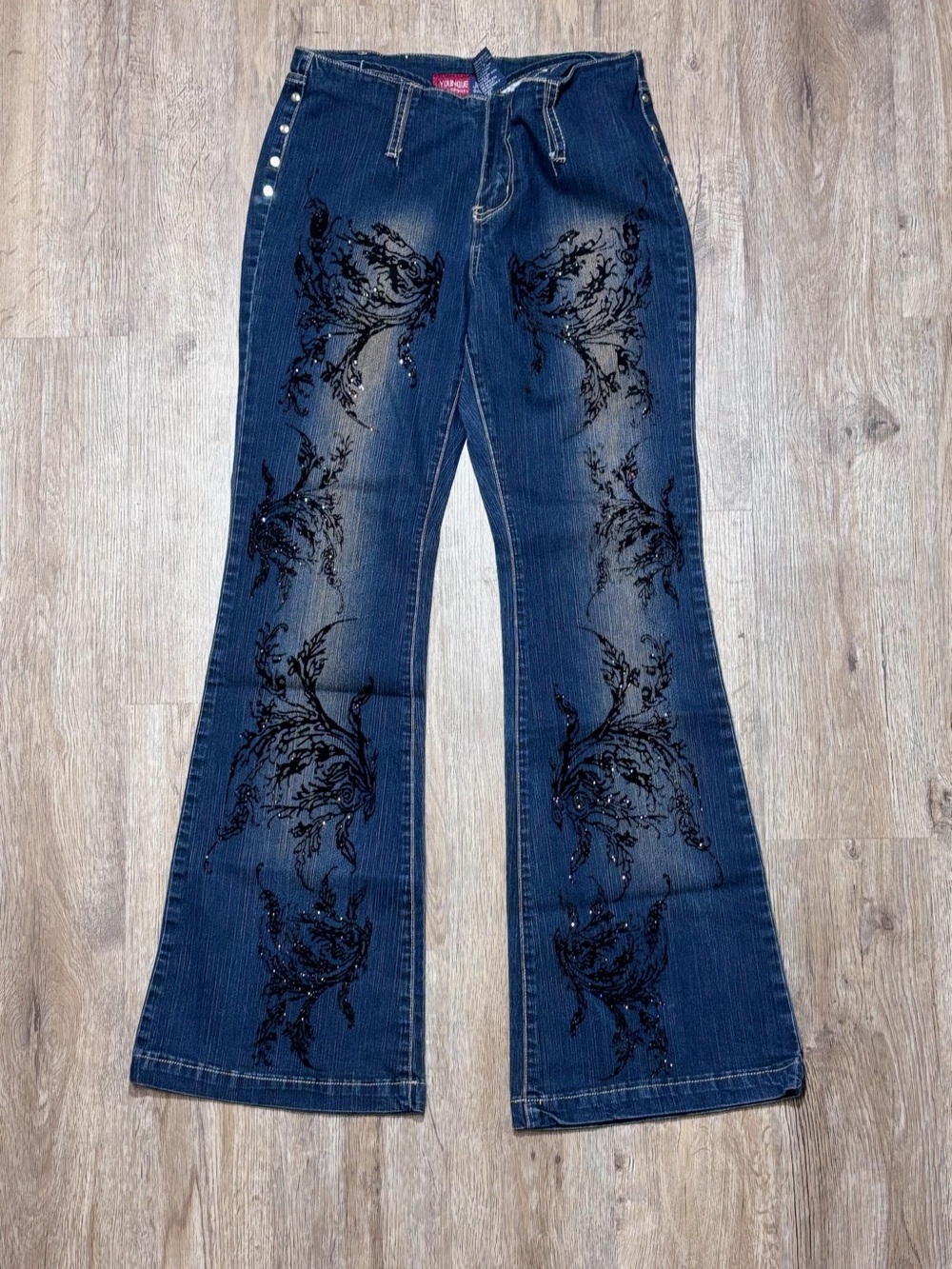 Younique Dark Blue Flare Jeans with Black Floral Embellishment